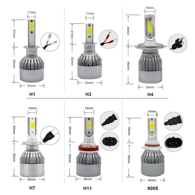 Phares Automatiques LED de Voiture de 12 V, 6000, 72W et 7200 lm, Ampoule Mené, H4 H7 H1 H13 H8 H9 H11 9005 HB3 9006 HB4, 2 Pièces
