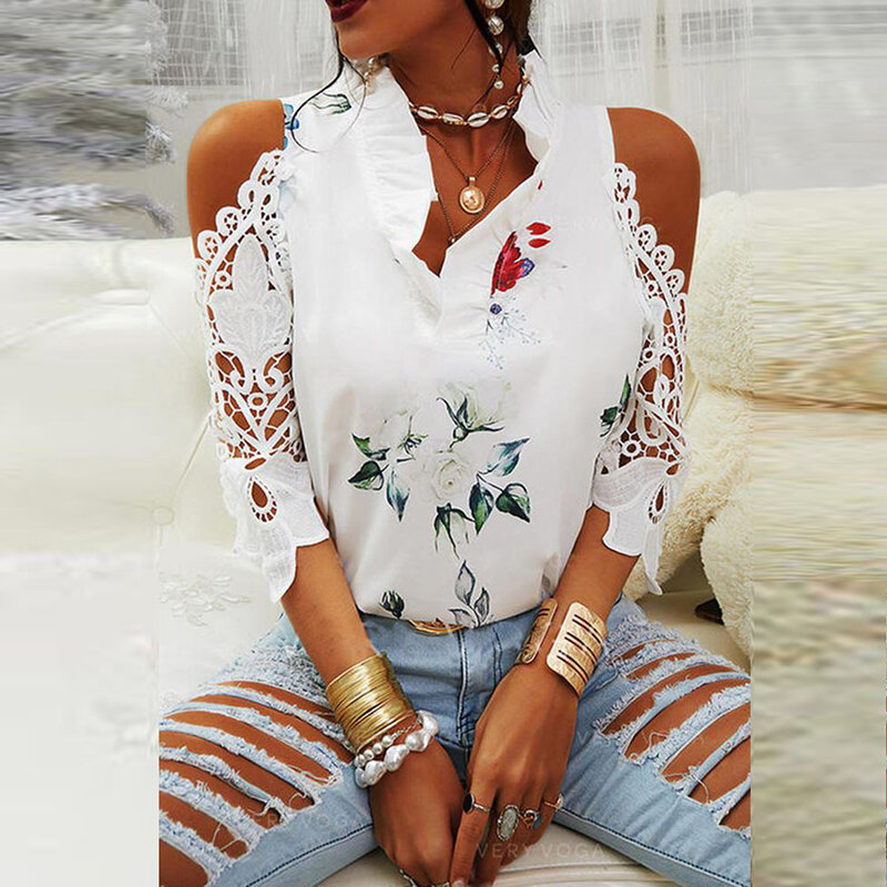 Spring And Summer New Women's Blouse, Flower Print Off-shoulder Lace Stitching Long-sleeved T-shirt Women Casual Loose Shirt XL