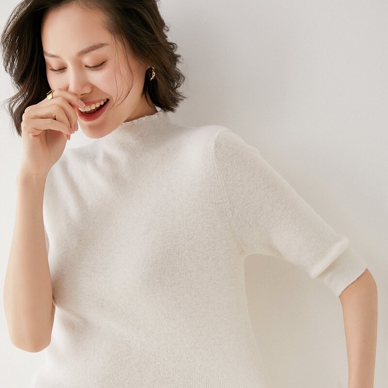 Suéter sin presión, lana ultrafina, Cuello medio alto fino para mujer, fondo de media manga, punto de gama alta para Otoño e Invierno