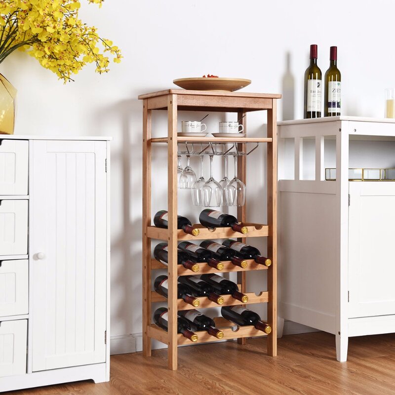 Goplus 2-Tier 12 Bottles Bamboo Wine Rack Display Storage Shelf Holder Home Kitchen HW59431
