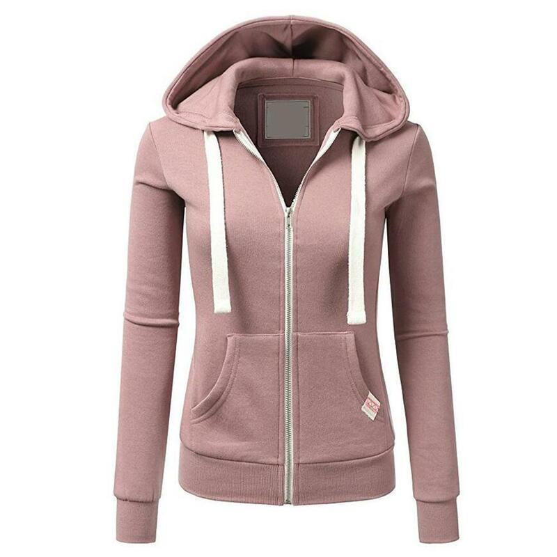 Casual Women Autumn Solid Color Long Sleeve Hoodie Pockets Zipper Sports Coat
