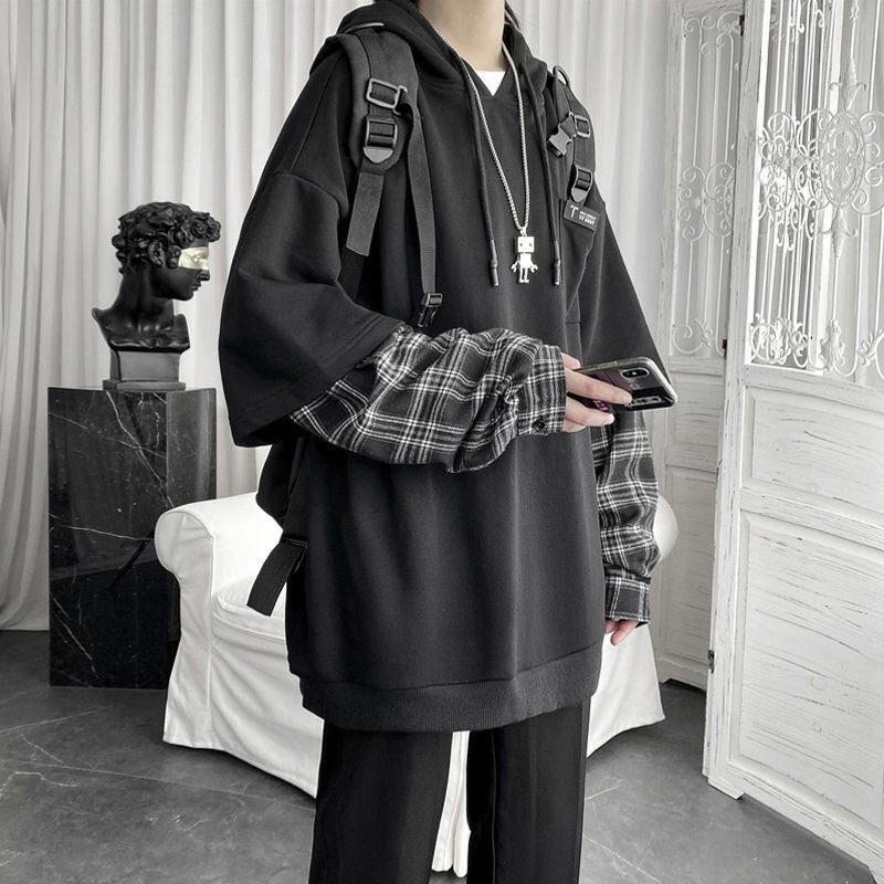 Y2K Vintage Streetwear felpa con cappuccio oversize donna Streetwear felpa Punk pullover a maniche lunghe coreano Grunge Plaid giuntura femminile