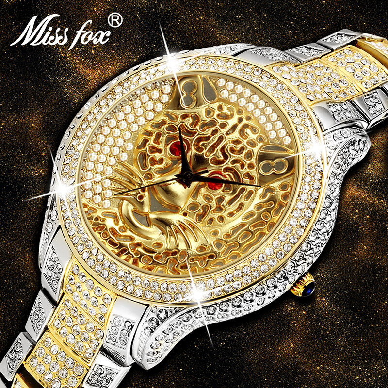 Miss fox relógio masculino de luxo, relógios de marca top de luxo tigre, relógio de quartzo enrugado choque casual genuíno de ouro ou prata, relógio de pulso para homens
