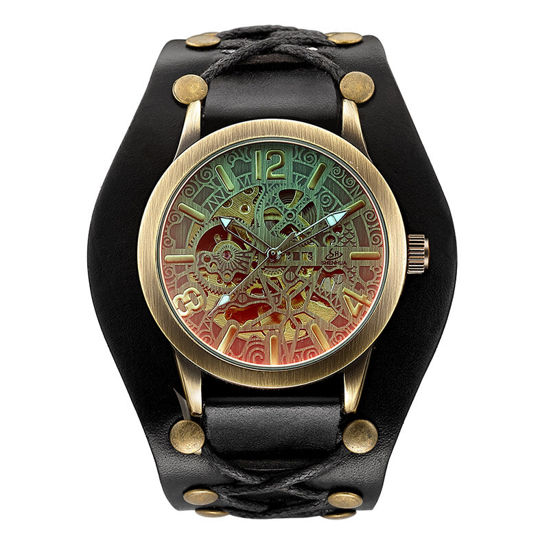 レトロファッションワイドレザーストラップ腕時計男性用高級自動時計レロジオ masculino ヴィンテージ時計防水時間