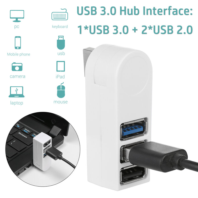 Universal Mini Rotatable 3 Port USB 3.0 Hub Kecepatan Tinggi Transfer Data Splitter Box Adapter USB Expander untuk PC Laptop MacBook Pro