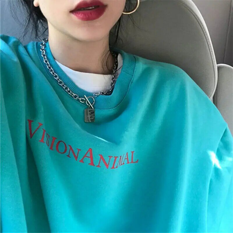 Sweat-shirt Cyan à col rond pour femme, pull ample, Vintage, mode coréenne, nouvelle collection printemps automne 2021