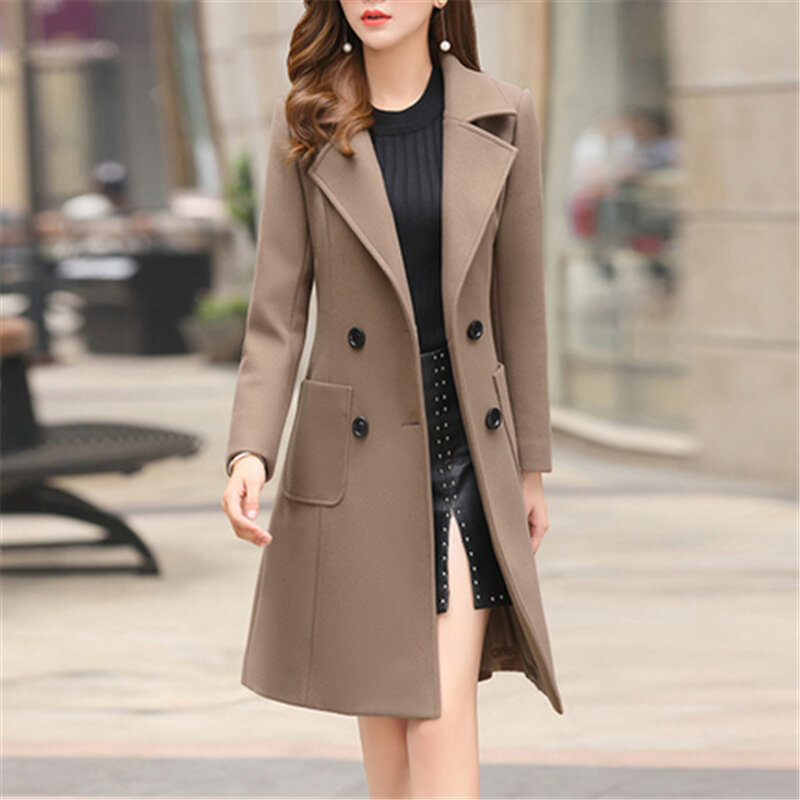 Abrigo largo ajustado de mezcla para mujer, abrigo de lana con doble botonadura, chaqueta elegante de alta calidad para otoño e invierno, novedad de 2019
