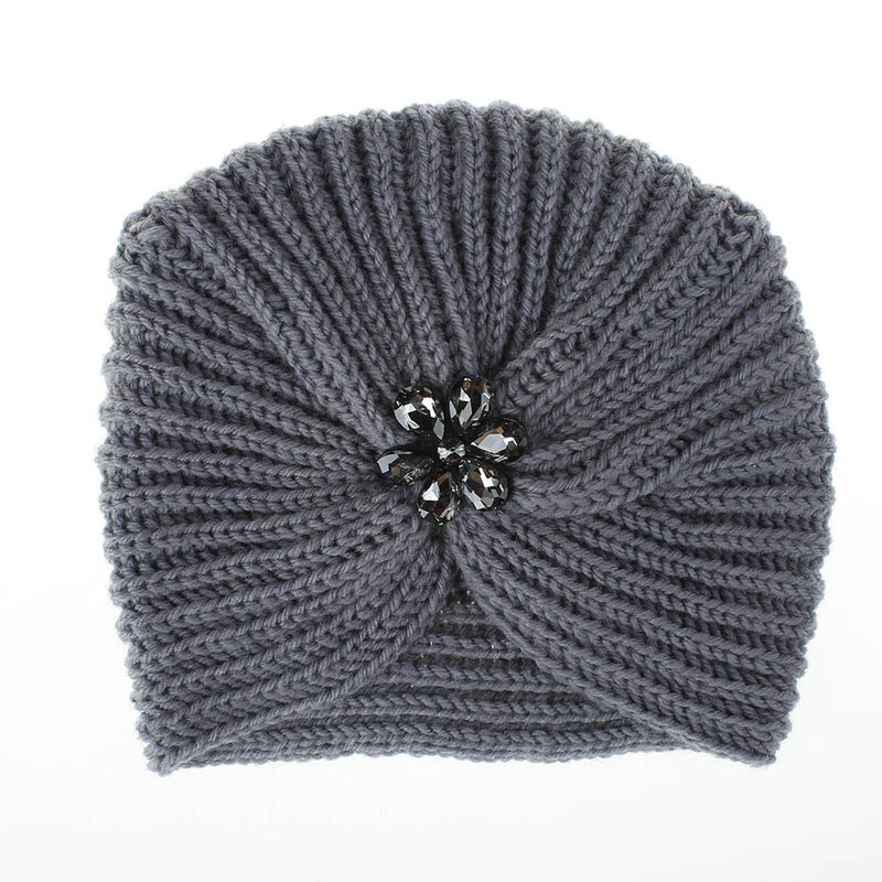 Women Winter Rhinestone Flower Crochet Turbans Glitter Fashion Afro Headwrap Boho Chemo Hat Winter Knitted Beanie Hat