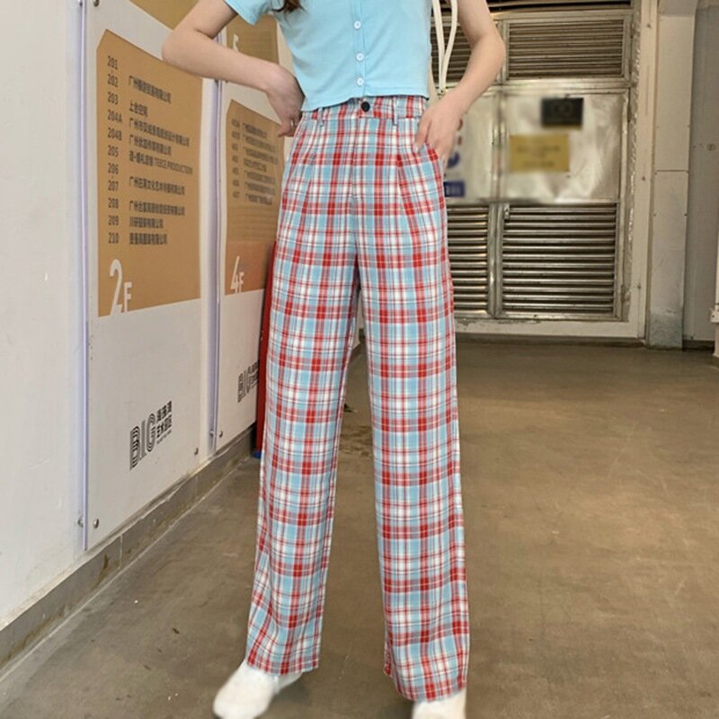 새로운 캐주얼 바지 여성 격자 무늬 스트레이트 느슨한 한국 스타일 빈티지 학생 세련된 프레피 스트리트웨어 십대 패션 Ins BF, 2021