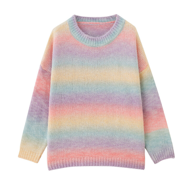Women O-Neck Loose Casual Knitted Jumpers Chic Rainbow Stripes Pullover Sweaters Autumn Winter New Fashion Leisure Knit Sweater