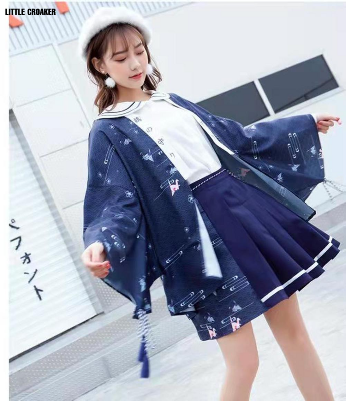 카와이 빈티지 의류 일본 패션 일본 기모노 여성용 여성 기모노 자켓 플러스 사이즈 셔츠와 플리츠 스커트