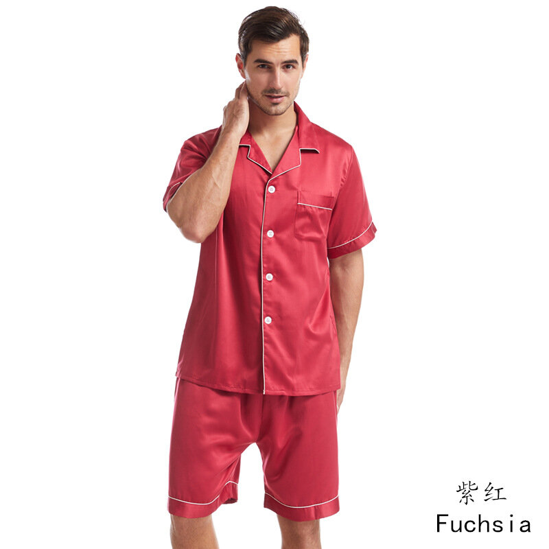 Set Piyama Pakaian Tidur Pria Satin Matte Lengan Pendek Kasual Ukuran Besar Pakaian Rumah Musim Panas Kerah Pria Warna Solid Ukuran Eropa