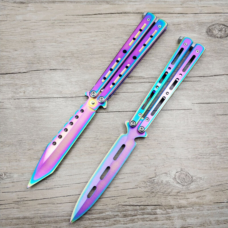 Titanium Rainbow  Stainless Steel knife Butterfly Training Knife butterfly knife game knife dull tool no edge