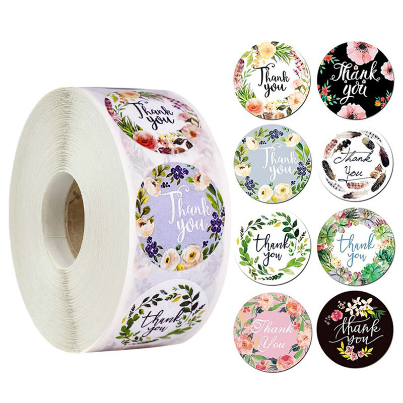 100-500pcs/roll Round Floral Thank You Stickers Scrapbooking For Package Seal Labels Custom Sticker Decoration Wedding Sticker