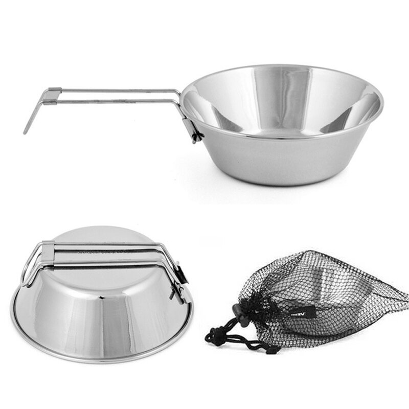 Outdoor Stainless Steel Folding Bowl Picnic Barbecue Travelling Mountain Climbing Camping Portable Cooker Utensils With Handle