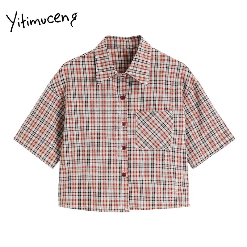 Yitimuceng Red Plaid Blouse Women Vintage Pockets Button Up Shirts Straight Short Sleeve 2021 Summer Korean Fashion New Tops