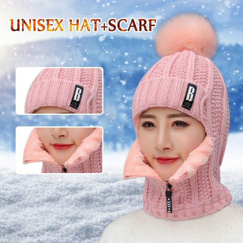 2021 Women Short Knitted Hat Scarf Neck Warmer Winter Warm Pom Pom Cap Windproof Scarves Girls Protection Ear Neck Scarf Hat