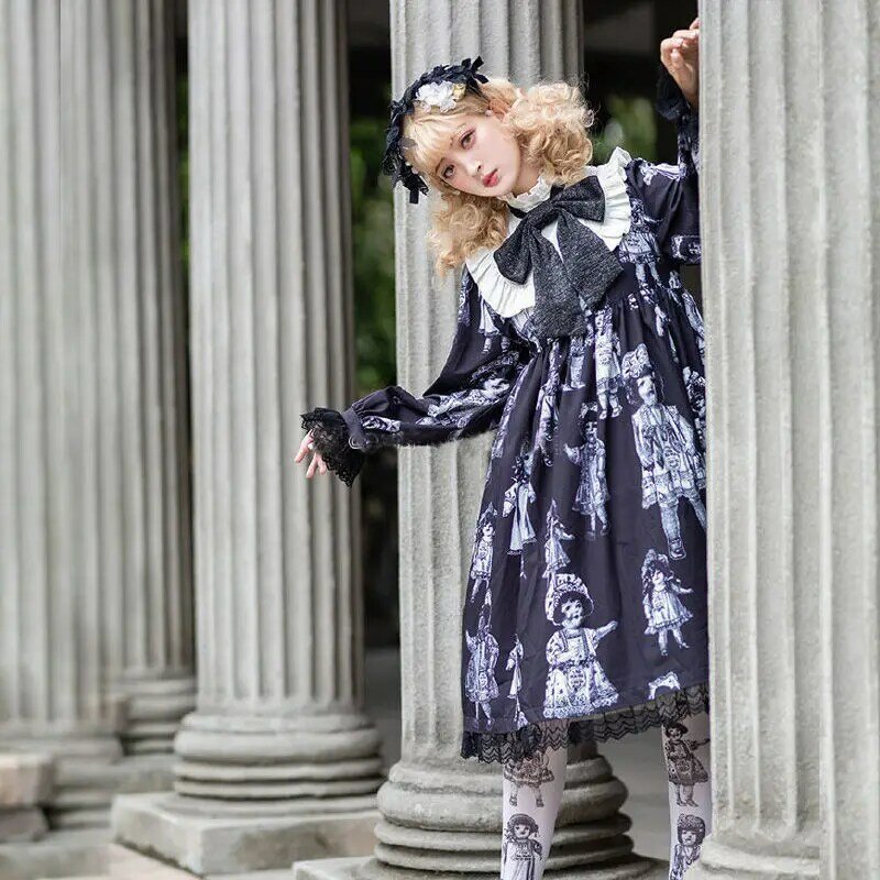 Halloween Dark Gothic Lolita OP Dress donna Vintage elegante manica lunga Bow Princess Strap Dresses Girls Sweet Tea Party Dress