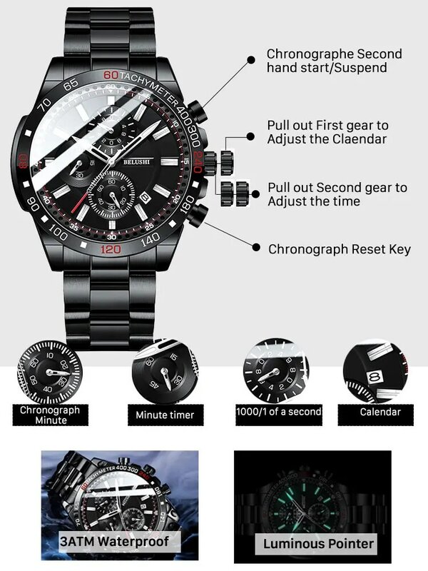 Horloges Sport Horloge Mannelijke 2020 Luxe Blushi Waterdicht Chronograaf Zwart Roestvrij Staal Quartz Horloge Mannen Belushi Reloje