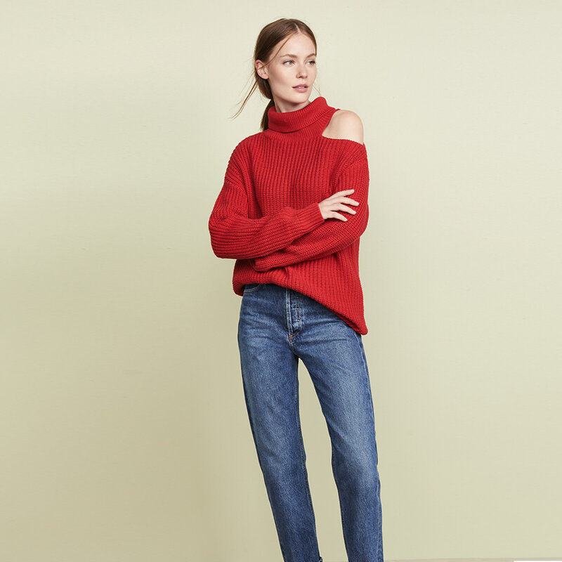 Warna Solid Sederhana Satu Sisi Off Bahu Tinggi Leher Longgar Pullover Sweater untuk Wanita Di Musim Gugur 2020