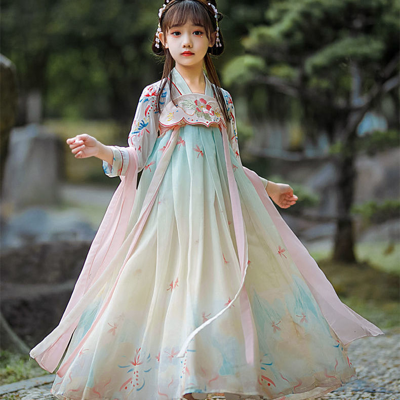 Gaun Anak Perempuan Bunga Lovey Baru Gaun Setelan Tang Anak-anak Antik Baju Bordir Hanfu Tiongkok Pakaian Tradisional Cina