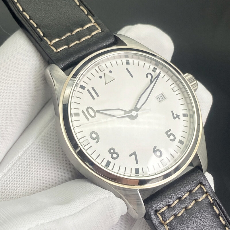 Prosty czas wolny sport skórzany zegarek 40.5mm biała tarcza czarny cyfrowy automatyczny zegarek męski zegarek nocny pilot