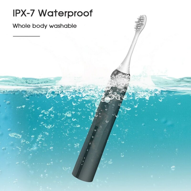 [Boi] Black White USB Fast Charge IPX7 Waterproof for Unisex Sonic Electric Toothbrush Set Brushes Clean Restore Tooth Whiteness