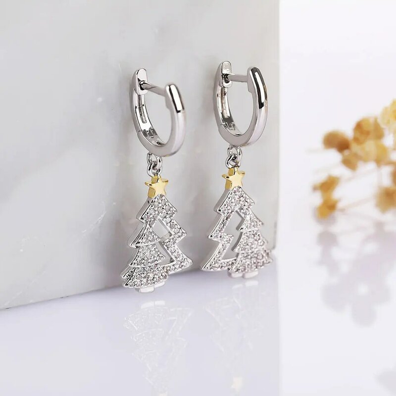 SANKS Trendy Christmas Tree Drop Earrings for Women Girls Fashion Gifts Cubic Zirconia Cute Christmas Earrings Party Accessories