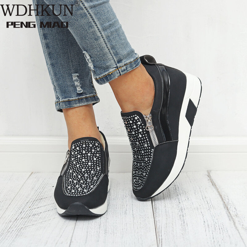 Кроссовки Puimentiua женские высокие, спортивная обувь для улицы, черные, белые, розовые, стразы, 2019