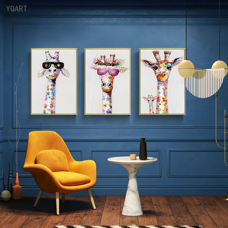 Funny Giraffe Family Canvas Printed Painting Cartoon Posters Modern Animal Print Wall Art Pictures for Kids Bedroom Decor