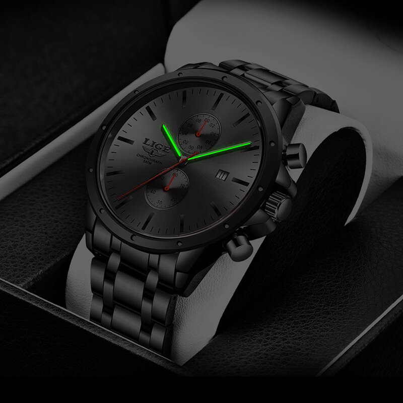 LIGE-남성용 크로노그래프 최고 럭셔리 브랜드 시계, 전체 스틸 방수 아날로그 쿼츠 손목시계 + 상자