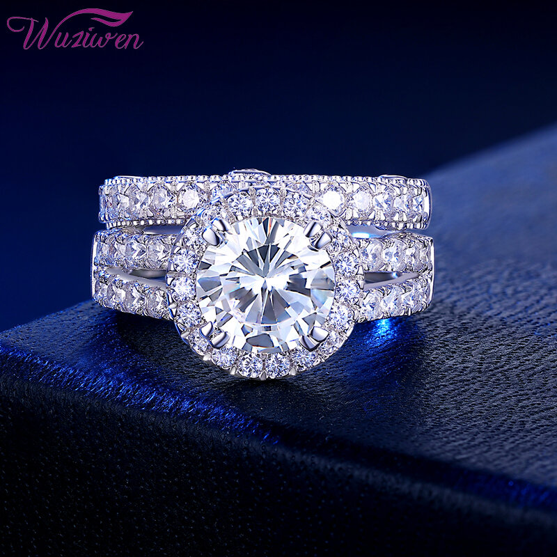 Wuziwen 2 pçs conjunto de anel de casamento para mulher halo brilhante corte redondo cz simulado diamante 925 prata esterlina anéis de noivado