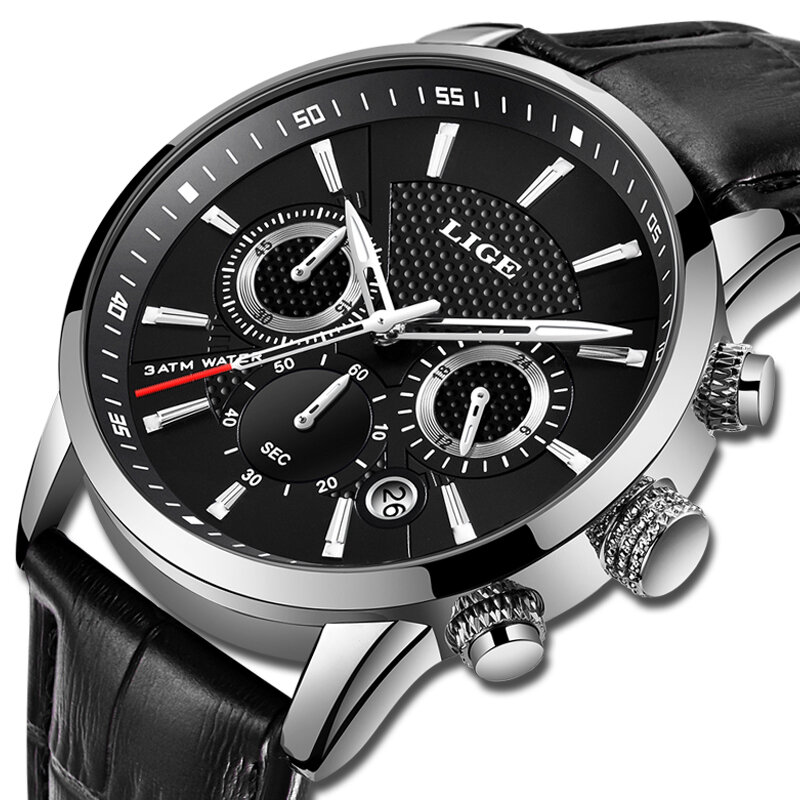Relojes LIGE para hombre, reloj de cuarzo informal de lujo de marca superior de cuero, reloj negro resistente al agua para hombre