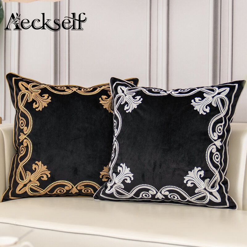 Aeckself – housse de coussin en velours avec broderie de fleurs européennes, taie d'oreiller de luxe, bleu marine, marron, gris, décoration de maison