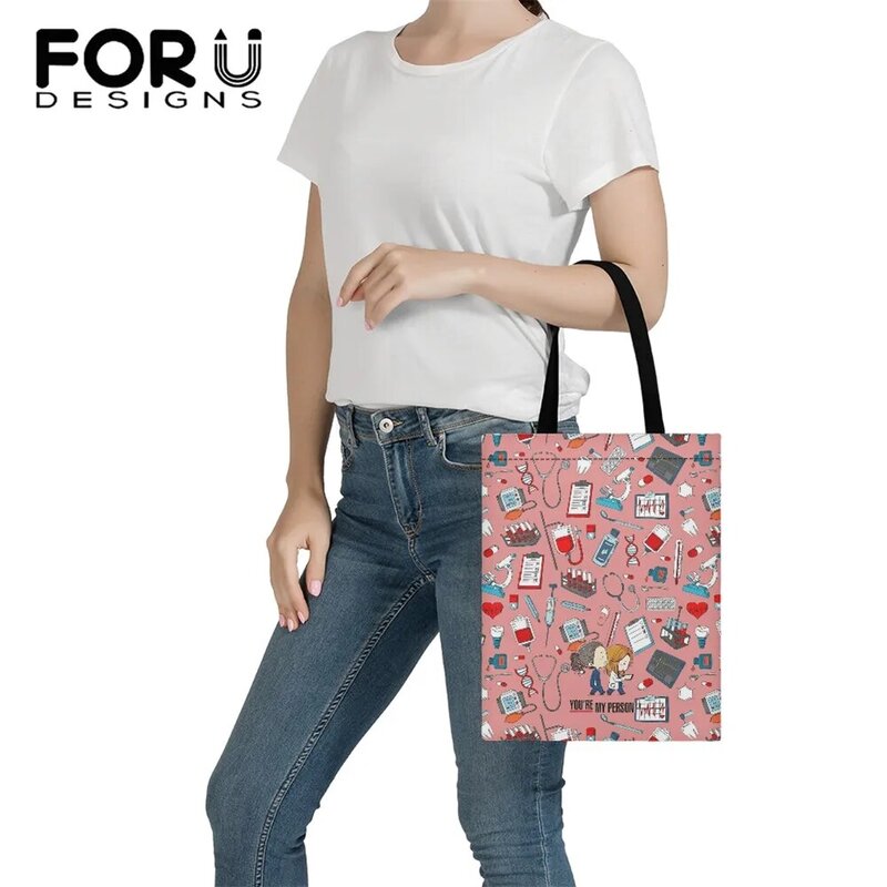FORUDESIGNS New Fashion Women Eco-Friendly Shopper Linen Tote Bag Cartoon Nurse Pattern Canvas Bag Teen Girl Book Bag bolsa tela