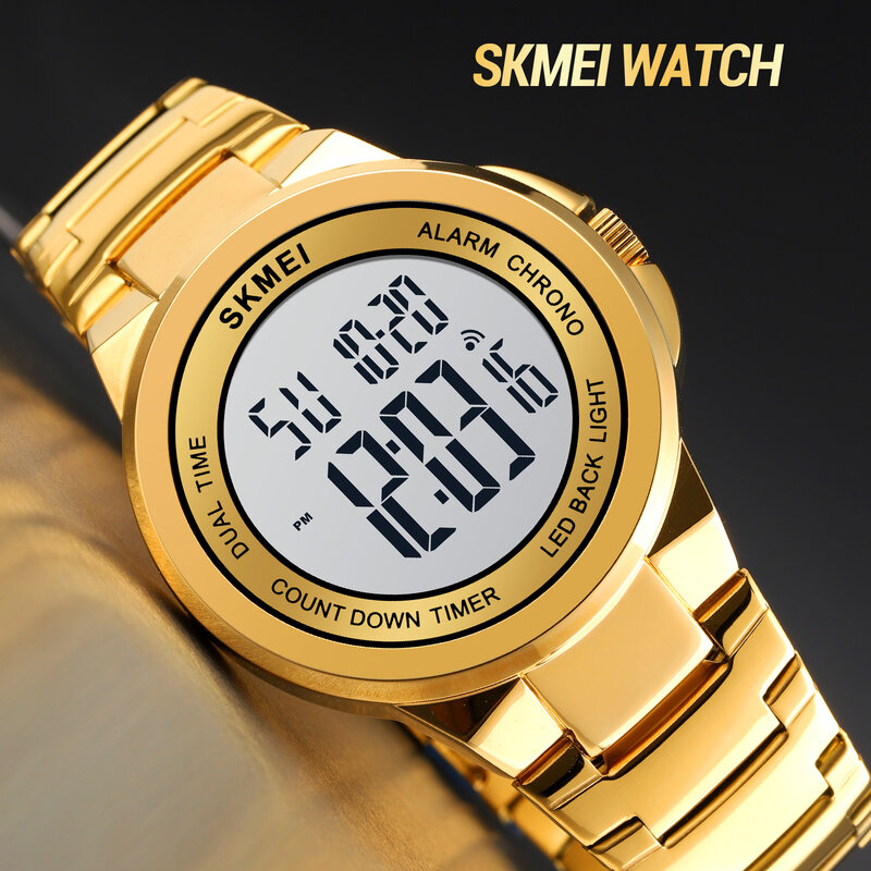 Skmei relógio digital luxuoso de aço inoxidável, relógio eletrônico impermeável de marca top, cromo, contagem regressiva, relógio digital masculino