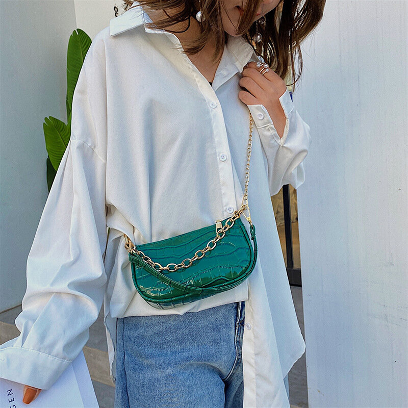 Ladies Vintage PU Leather Solid Color Underarm Shoulder Bags Women Fashion Mini Chain Alligator Pattern Zipper Crossbody Handbag
