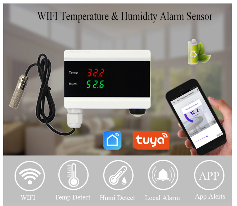 Para tuya inteligente temperatura umidade sensor de alarme termômetro higrômetro detector casa display digital android app alerta