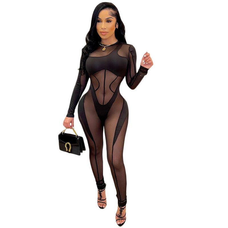 Maglia nera vedere attraverso la tuta Sexy 2022 moda primavera elegante Slim cuciture da donna pantaloni attillati Nightclub abbigliamento Casual