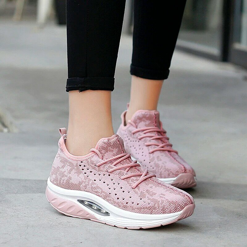 Women Shoes Lady Thick Bottom Flats Women Running Shoe Breathable Flat Mesh Wedges Lace-up Shoes Women Walking Casuals Plus Size