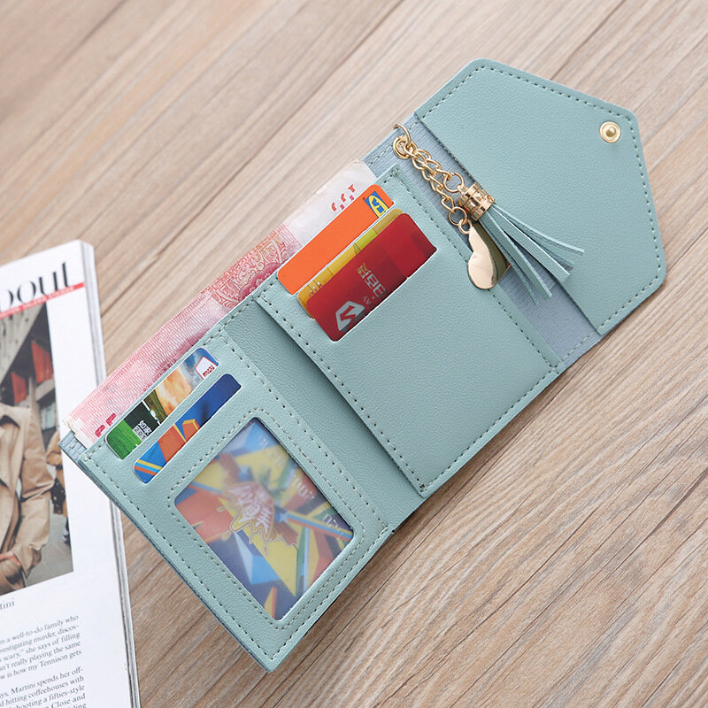Estilo curto borla coração saco de cartão para mulheres meninas estudantes moda panelled carteiras na moda moeda bolsa titular do cartão de couro presentes