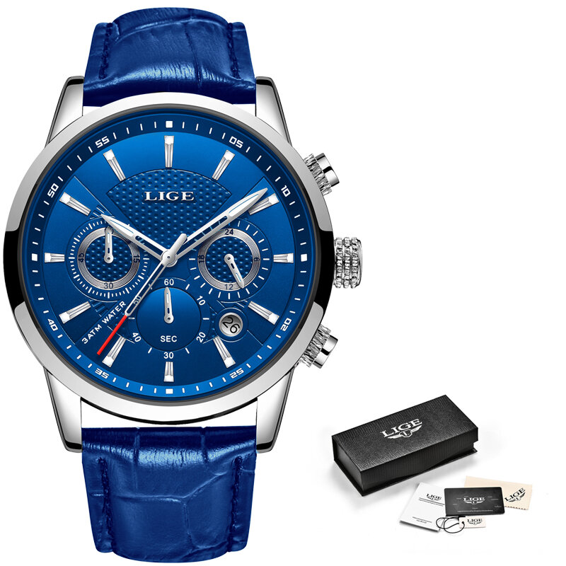 LIGE แฟชั่น Mens นาฬิกายี่ห้อ Luuxury สีฟ้านาฬิกาควอตซ์ชายหนังกันน้ำ Chronograph Relogio Masculino