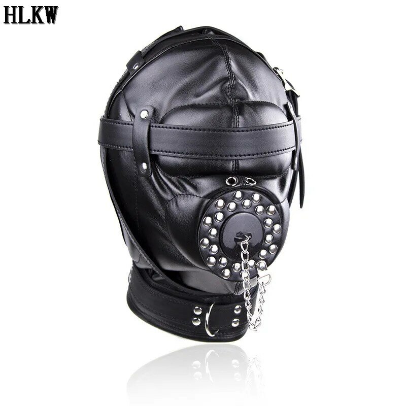 Women's Black Leather Mask Sex Fetish Male Cosplay Slave Choking Game Port Ball Adjustable PU Masks Cosply Toy Mask For Couple