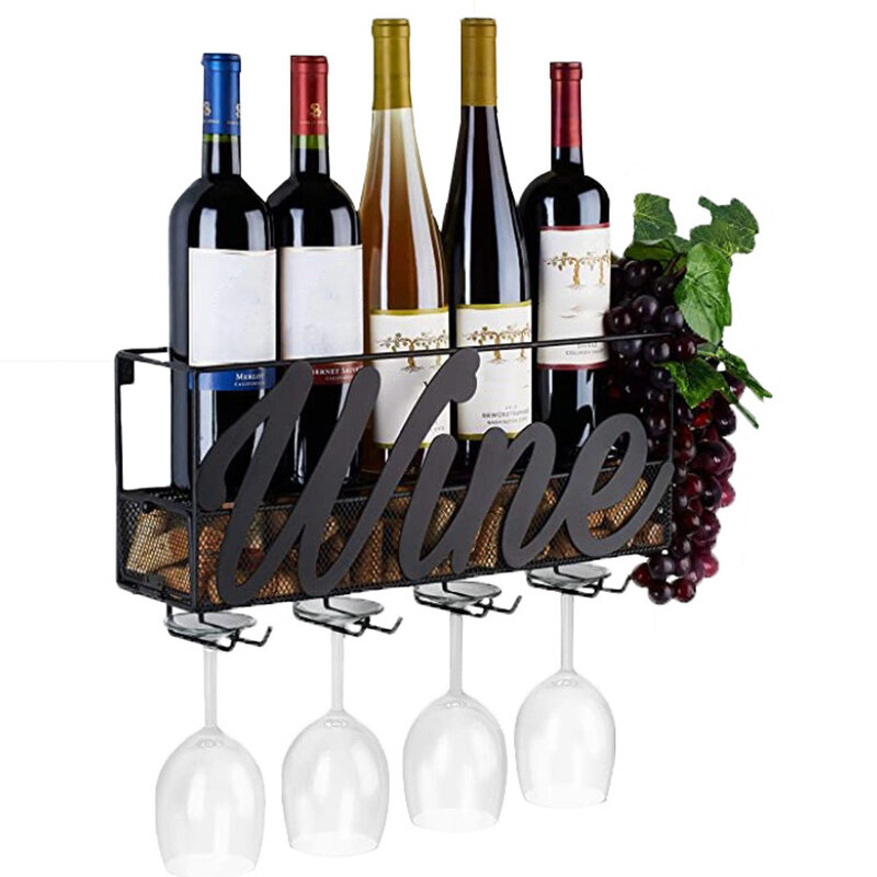 Suporte de vinho de metal para parede montado, prateleira para vinho com bandeja extra de cortiça