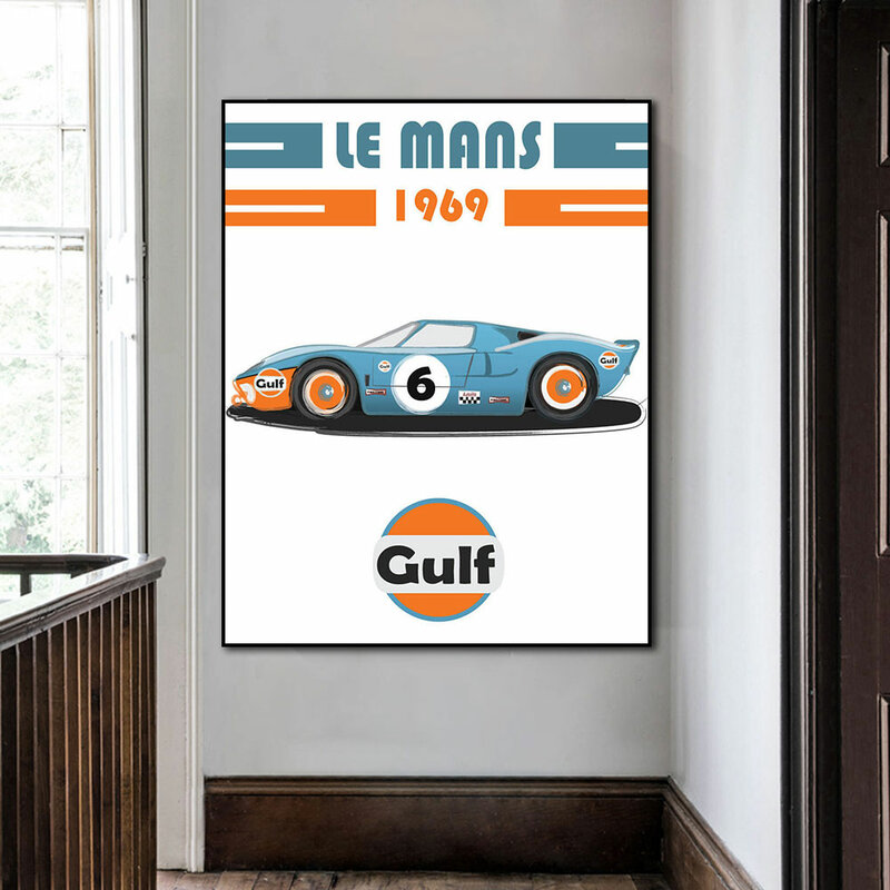 Affiche de voiture classique Vintage du golfe 24 heures du Mans, peinture sur toile, décoration murale, tableau d'art mural pour salon, 1969