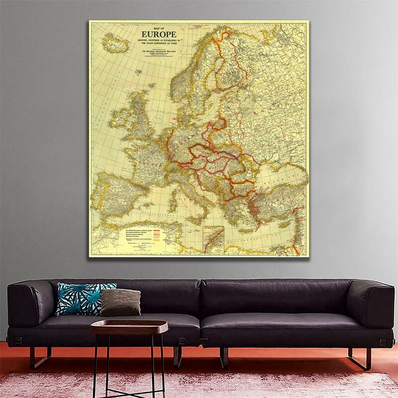 Mapa vintage europeu de 60x60 polegadas, à prova d'água, mapa da paz, conferência em paris em 1920, para decoração de casa, artesanato e parede