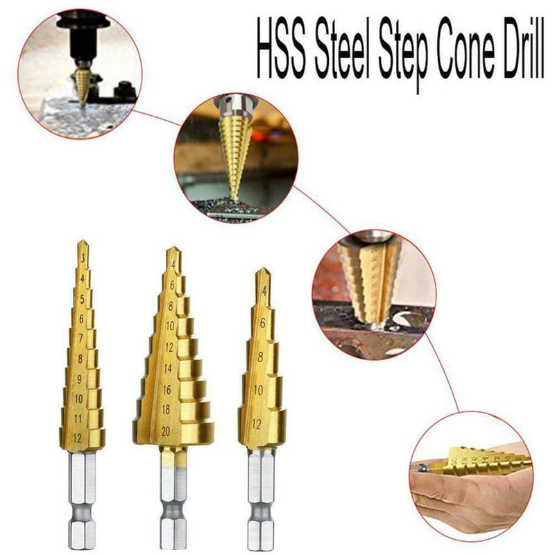 3 Stks/set Zeshoekige Schacht High-Speed Staal Stap Cone Dril Bits 3-12Mm/4-20mm/4-12Mm Hole Cutter Met Pouch