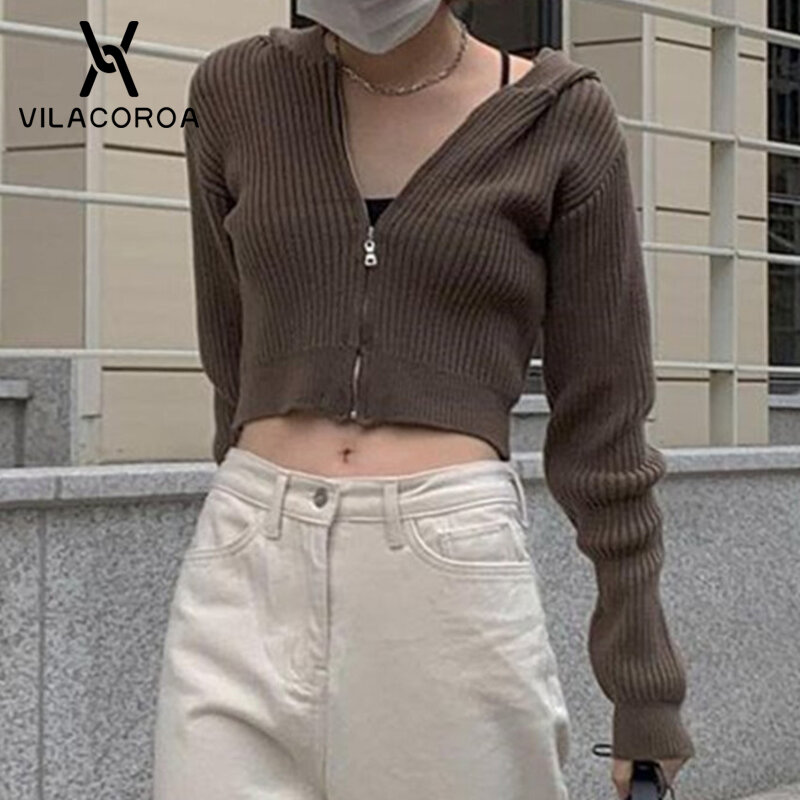 2021 Autumn Trend Long-Sleeve Knitted Female Cardigan Tops Hoodies Zipper Pure Casual Short Coat Knitwear Women All-Match Coat