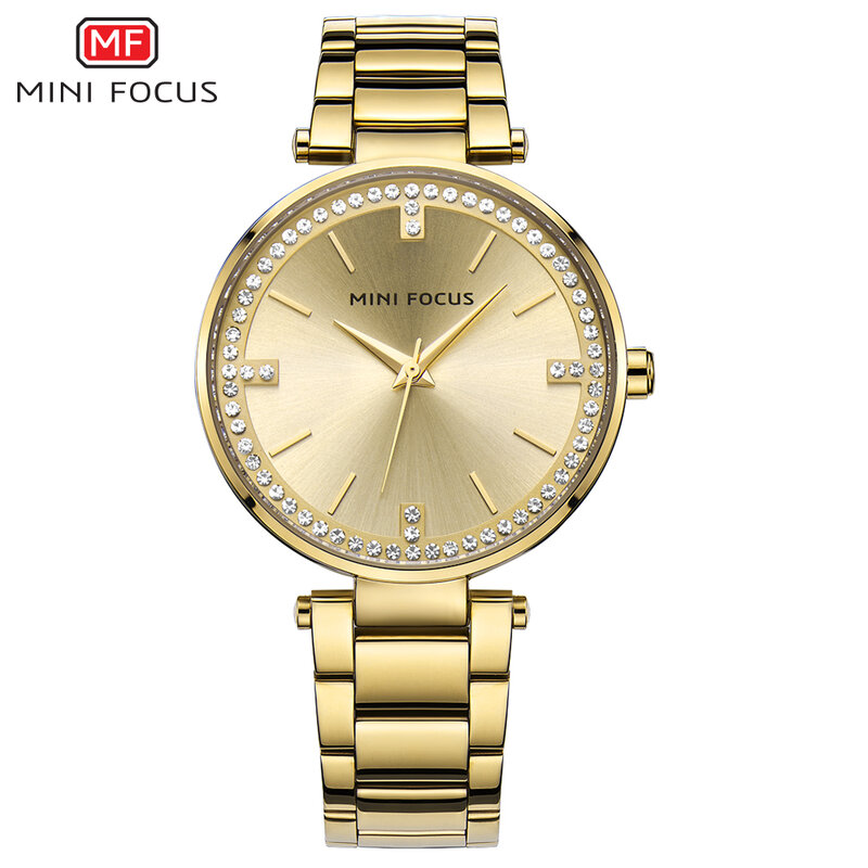 MINI FOCUS คริสตัลนาฬิกาข้อมือผู้หญิงสำหรับแฟชั่นสำหรับผู้หญิงนาฬิกาควอตซ์กันน้ำ Rose สแตนเลสทองส...