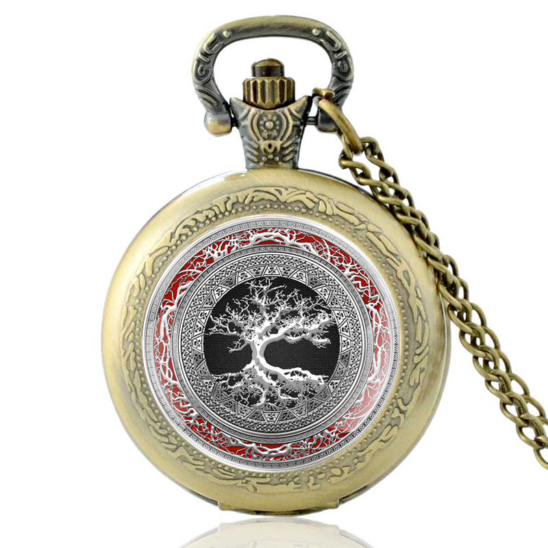 Relógio de bolso árvore da vida, relógio de quartzo em bronze vintage para homens e mulheres, colar com pingente, joias para presente